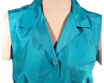 Camisa vintage Y2K para mujer, talla 12, azul agua, sin mangas, abotonada, con cuello profesional