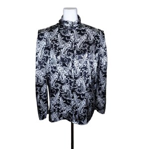 Vintage 80s High Neck Satin Long Sleeve Blouse Womens Size 10 Black Paisley Office