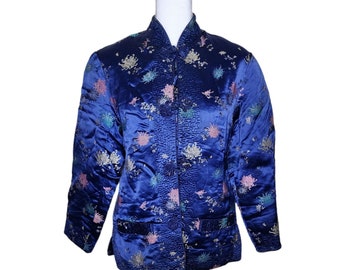 Vintage Peony traditionele Chinese jas kikker knoppen Womens maat M blauw gewatteerde bloemen