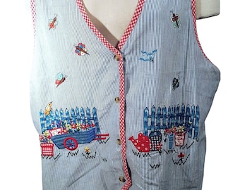 Vintage 90s Womans Vest Plus 24W Blue Pinstriped Gardening Garden