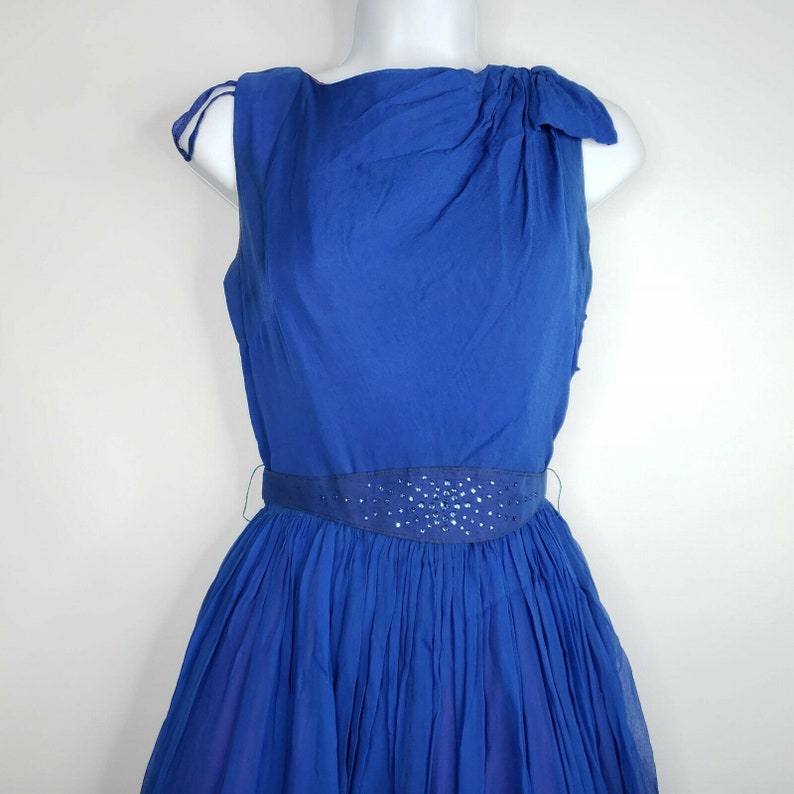 Vintage 50s RK Originals Blue Chiffon Overlay Dress S Shoulder Bow Belted Bling
