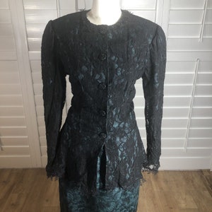 Vtg Teal 2 Piece Skirt Suit Set M Lace Overlay Peplum 80s 90s Holiday Wedding