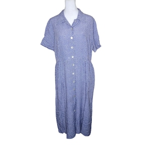 Vintage 90er Jahre Long Shirt Kleid Polka Dots Damen Größe L Blau mit Taschen