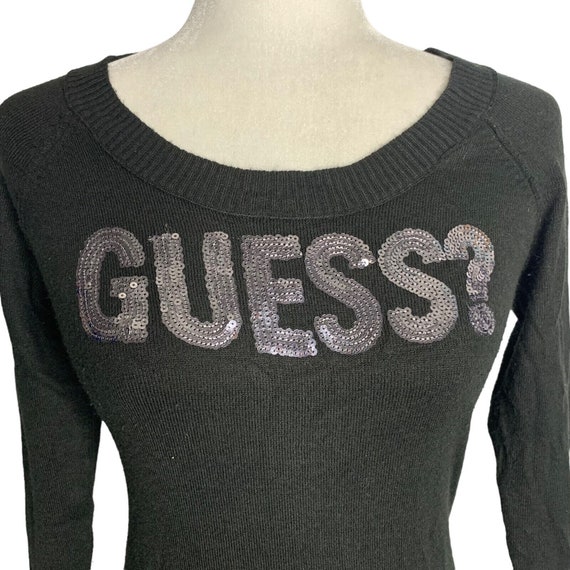Vintage Guess Sequin Spell Out Sweater L Black Pu… - image 2