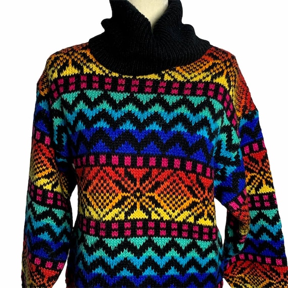 Vintage Pullover Turtleneck Ski Sweater M Rainbow… - image 1