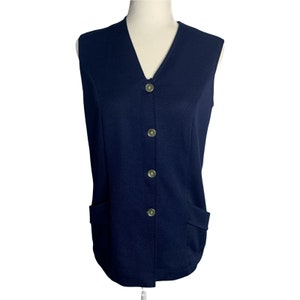 Vintage 60s Button Down Double Knit Vest M Navy Blue Pockets Sleeveless V Neck