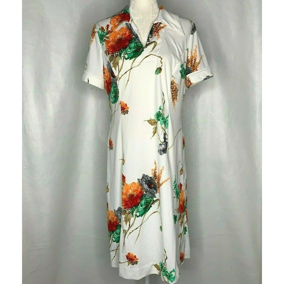 Vintage 70s Floral Shirt Shift Dress M White V Nec