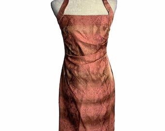 Vintage Kay Unger Halter Sheath Dress 4 Pink Snake Print Draped Lined Boning Zip