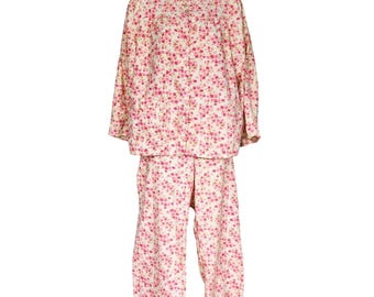 Vintage Dampyjamas Rosa Blommig Långärmad Topp Nederdel Bomull Flanell