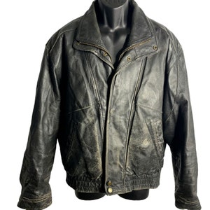 Vintage Mens Leather Full Zip Jacket L Black Biker Bomber Distressed
