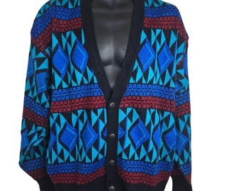 Cardigan vintage anni '80 in acrilico da uomo, taglia L, nero, blu, rosso, con motivo geometrico.