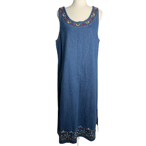 Vintage 90s Denim Pinafore Maxi Dress XL Med Wash Embroidered Studded Pullover