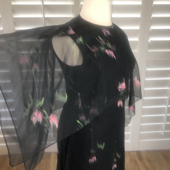 Vtg 80s Black Chiffon Floral Floor Length Dress L… - image 6