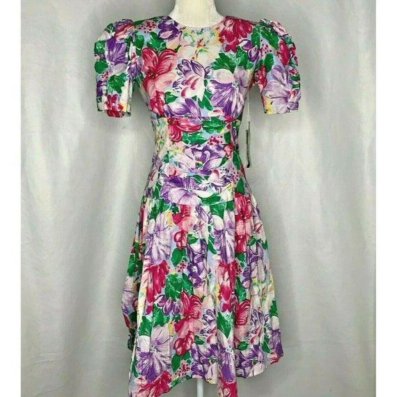 Vintage 80s Floral Party Dress S Bright Puff Sleev
