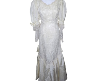 Vintage 80s Lace Wedding Dress Womens S White Bow Seed Pearls Mutton Sleeves Trumpet