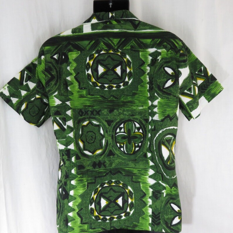 Vintage Made In Hawaii Aloha Bark Cloth Hawaiian Shirt Green M Tapa Tiki