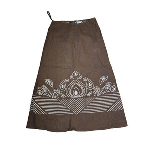 Vintage 90s Maxi Skirt Tribal Pattern Womens Size 8 Brown Linen