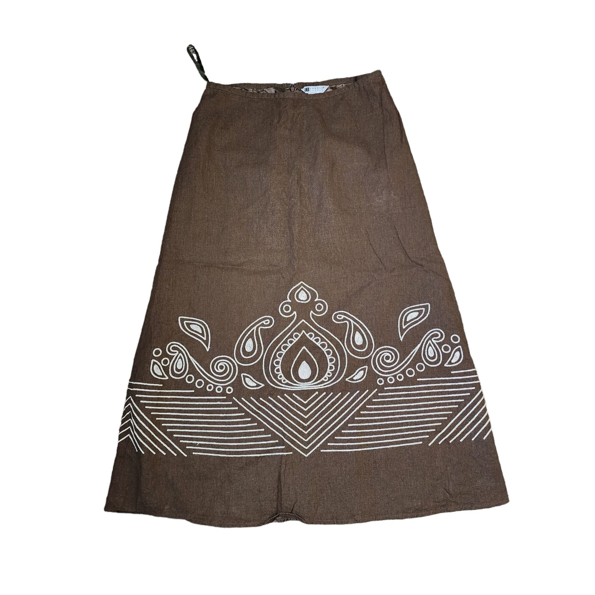 スカート 80s brown native pattern long skirt ID0861 Maxi Indian Skirt, Women Printed Flared Skirt, Gypsy