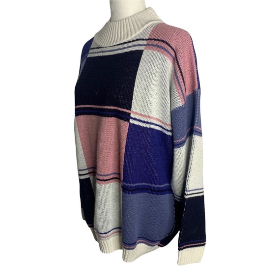 Vintage 80s Colorblock Knit Pullover Sweater L Wh… - image 3