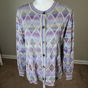 Vintage 70s Pastel Cardigan M Diamond Argyle Button Front Grandma