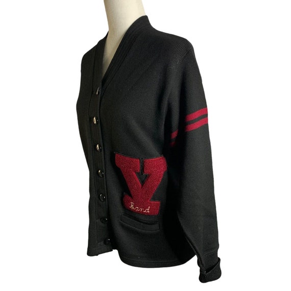 Vintage 50s Varsity Cardigan Sweater M Black Wors… - image 7