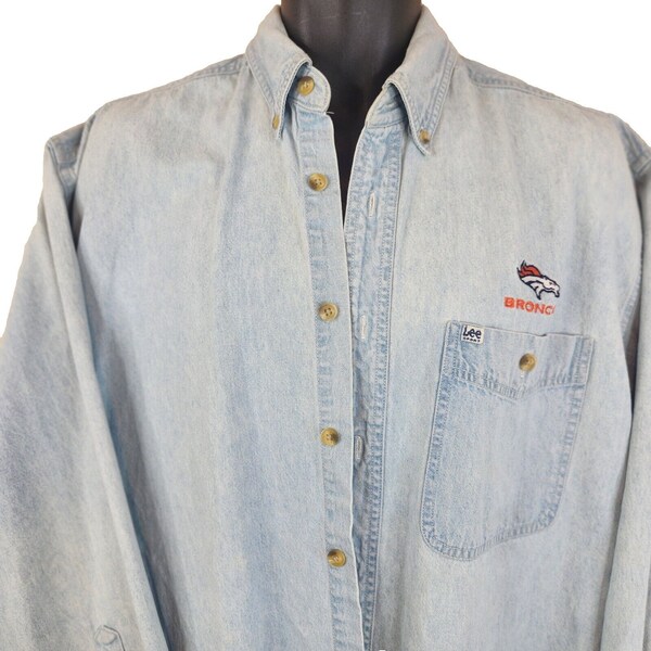 Vintage 90s Denver Broncos Denim Cotton Blue Jean Shirt L Logo NFL