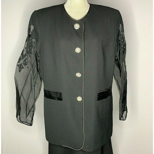 Vintage San Laurance Skirt Suit 14 Black Sheer Cutout Sleeves Rhinestone Buttons