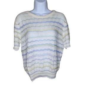 Vintage 1970s Short Sleeve Open Weave Sweater Pastel Womens L White Stripes