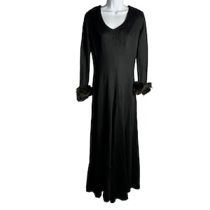 Vintage 60s Wide Leg Disco Jumpsuit S Black V Neck Long Sleeve Faux Fur Cuffs
