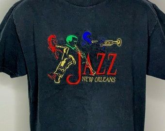 Vintage New Orleans Jazz Crewneck T Shirt L Black Embroidered Short Sleeves