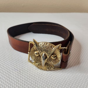 Vintage 70s Koleaco Leather Belt Brown Size 30 Brass Owl  display picture 1