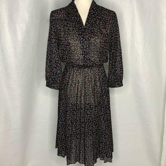 Vintage Floral Shirt Dress M Black Collared Button