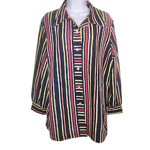 Vintage 70s Womens Shirt 2XL Blue Yellow Striped Long Sleeve Button Up Disco