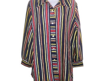 Vintage 70s Womens Shirt 2XL Blue Yellow Striped Long Sleeve Button Up Disco