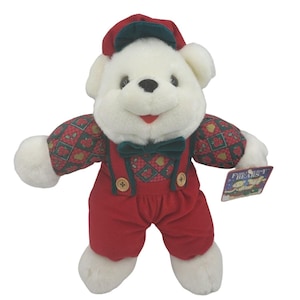 Vintage DanDee 1996 Feiertags-Bär 15 &quot;weiße rote Kappe Overall-Weihnachts-Plüsch