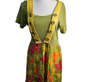 Vintage 80er Jahre Maxi Kleid Damen Größe S Grün Floral Button Akzent Artsy Funky