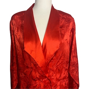 Vintage 80s Double Breasted Night Shirt M Red Floral Satin Long Sleeves