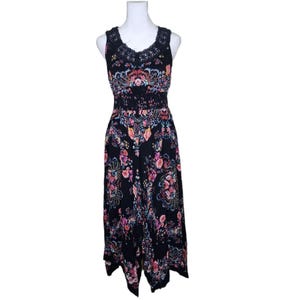 Vintage 90s Bila Sleeveless Flowy Boho Floral Maxi Dress Womens Size M Black