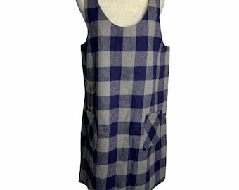 Vintage 90s Plaid Flannel Pinafore Dress L Blue Grey Pockets Grunge Jumper