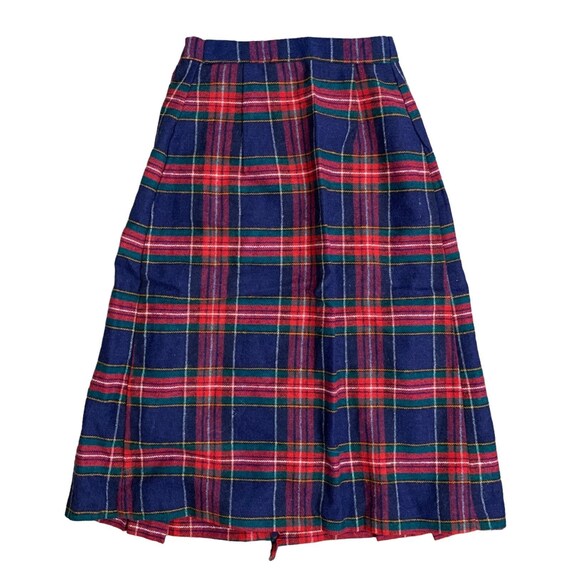 Vintage Wool Midi Wrap Skirt S Blue Red Plaid Ple… - image 3