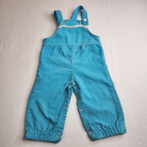 Vintage 70s Corduroy Overalls Teal Blue Ruffle Size 18 Mo Made in the USA