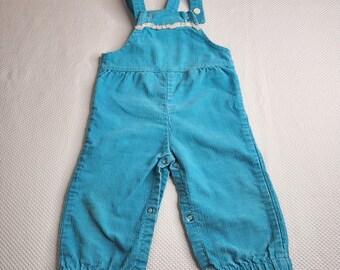 Vintage jaren 70 corduroy overall blauwgroen blauwe ruche maat 18 mo Gemaakt in de VS
