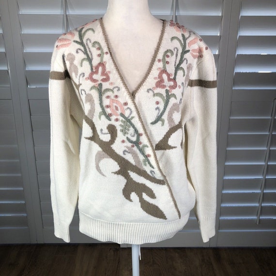 Vtg 80s Cream Embroidered Surplice Sweater M Puff… - image 2