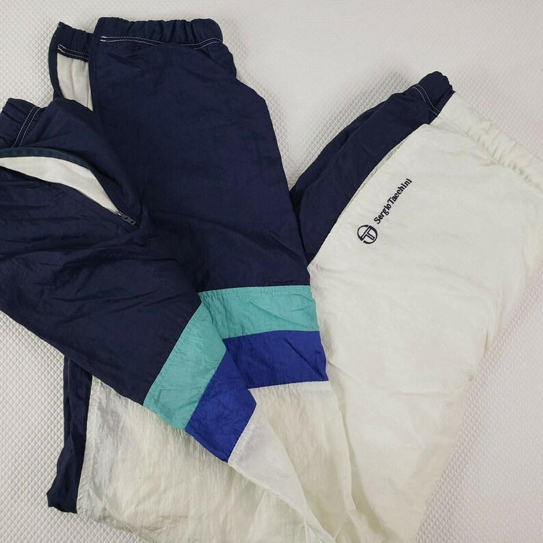 Vintage 90s Sergio Tacchini Nylon Joggers Track Pants 44 EU XL US White Blue