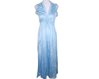 Vintage anni '70 scollo a V senza maniche in raso pizzo lunga camicia da notte lingerie donna S blu
