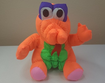 Vintage 90s Ace Toys Nylon Puffalump Dinosaur Plush Neon Orange Stuffed Animal