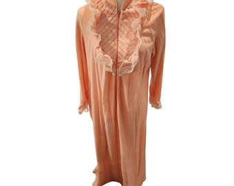 Vintage 80s Suzanne Beth Coral Pink Half Zip Fleece Robe Satin Lace M