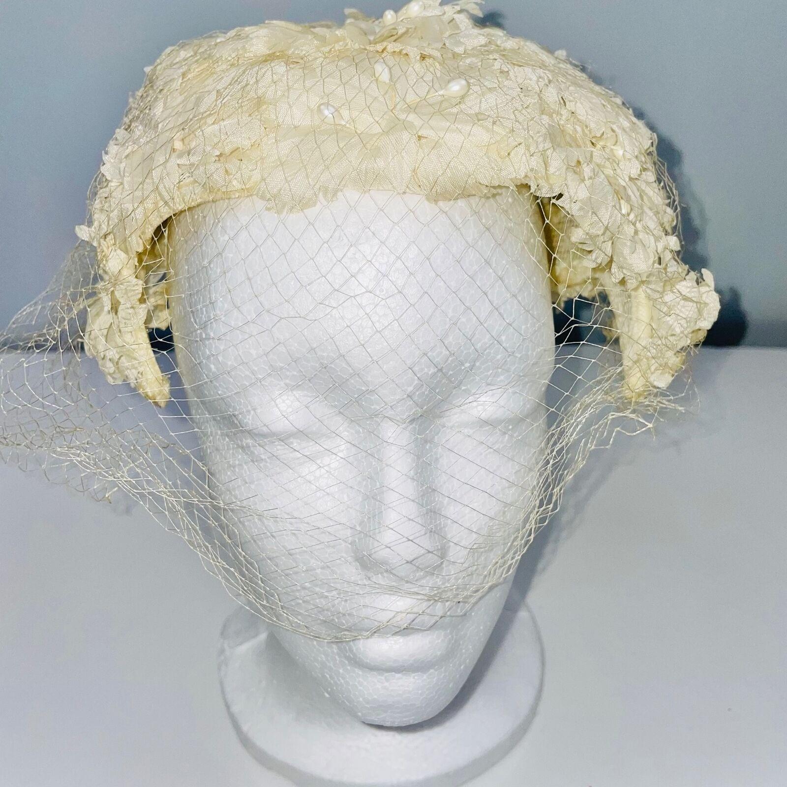 Vintage 50s 60s Crown Ivory Hat Net Floral Pearls Bridal 