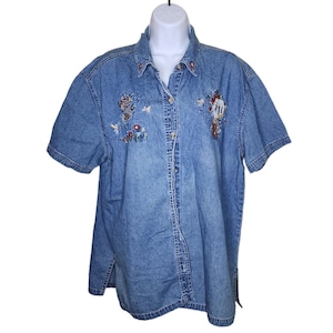 Vintage 90s Short Sleeve Bird Cage Denim Shirt Womens 14 Blue Embroidered Jean