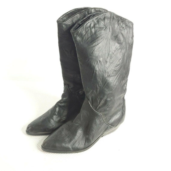 Vintage 80s Black Leather Bootalinos Mid Calf Boo… - image 1